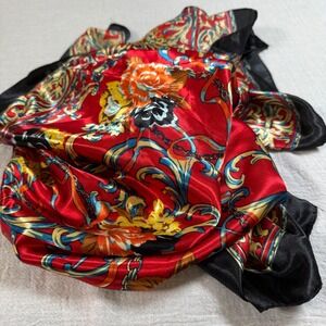 Jiaying Floral Baroque Scarf Red Roses Gold‎ Scroll Satin Square 34" Polyester